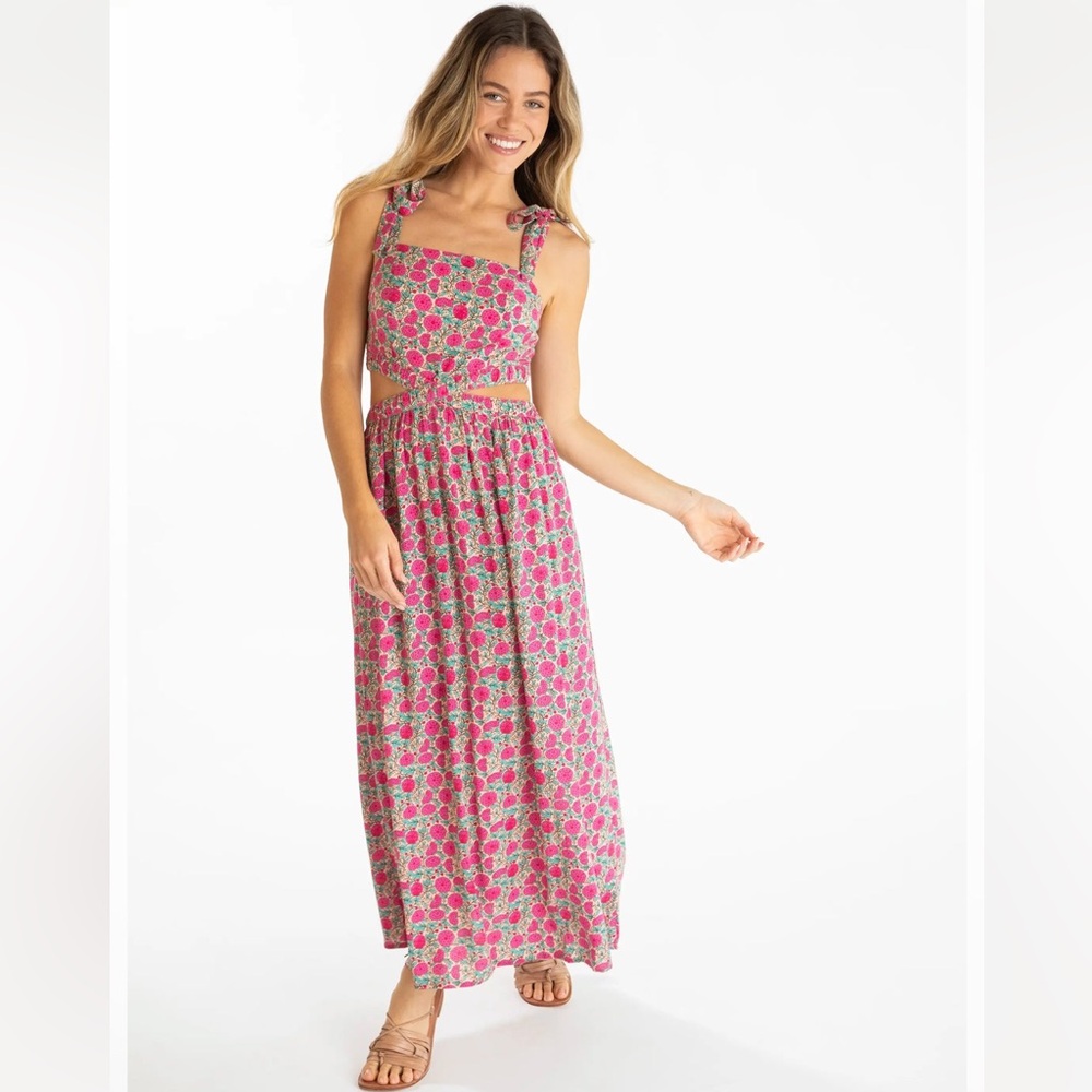 🍉 Natural Life Cut Out Smock Back Bow Strap Floral Pink Maxi Dress Large